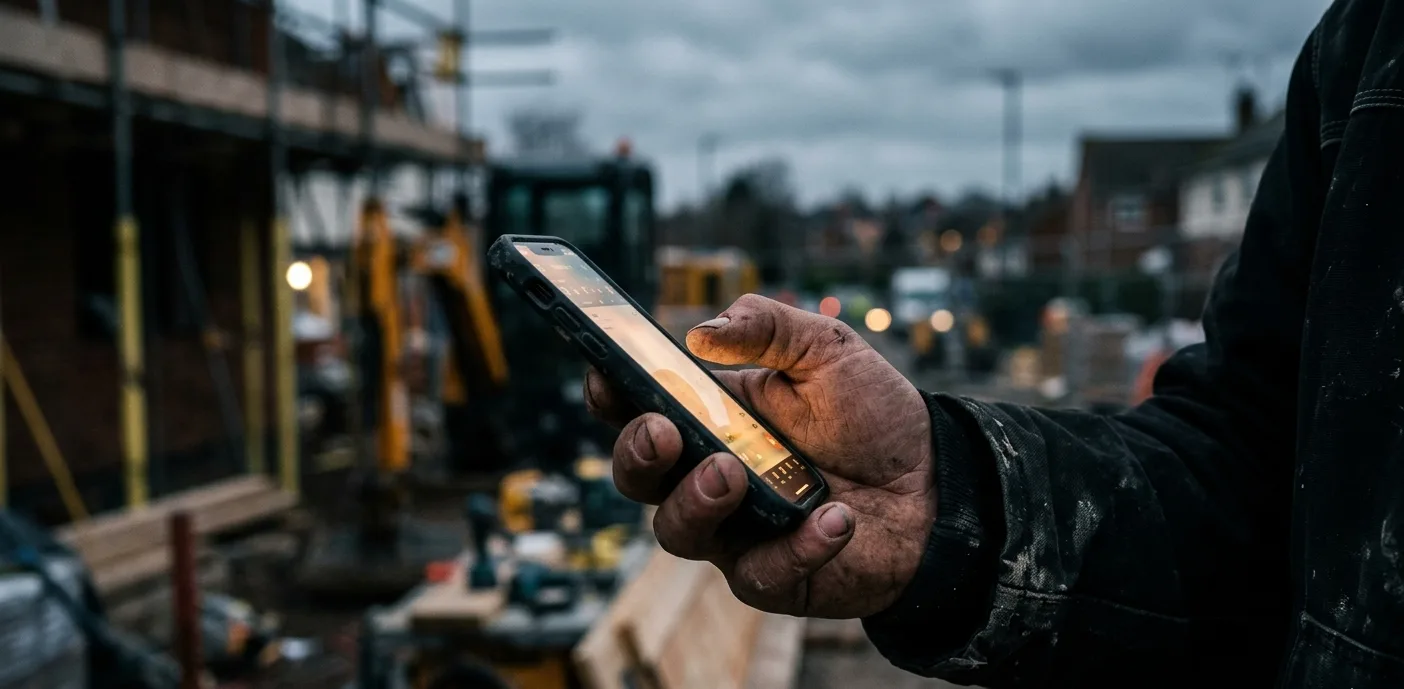 Tradesperson on site using their phone to log a survey