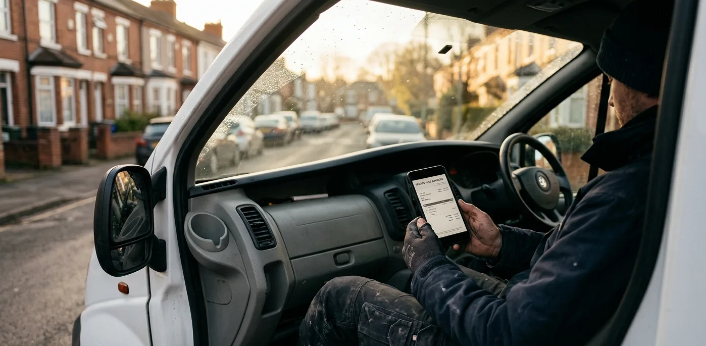Invoice on a phone in a tradesperson's van
