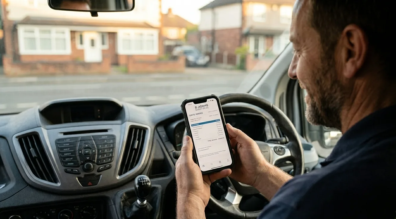 Tradesperson reviewing a quote in their van